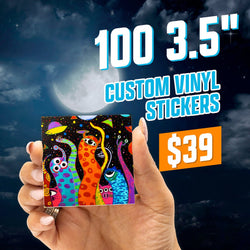 Promotional graphic advertising 100 custom 3.5-inch vinyl stickers for $39. A hand holds a square sticker featuring brightly colored, whimsical alien creatures with big eyes, wavy bodies, and neon patterns set against a starry cosmic background. A glowing full moon and dark night sky frame the bold teal and orange pricing text.