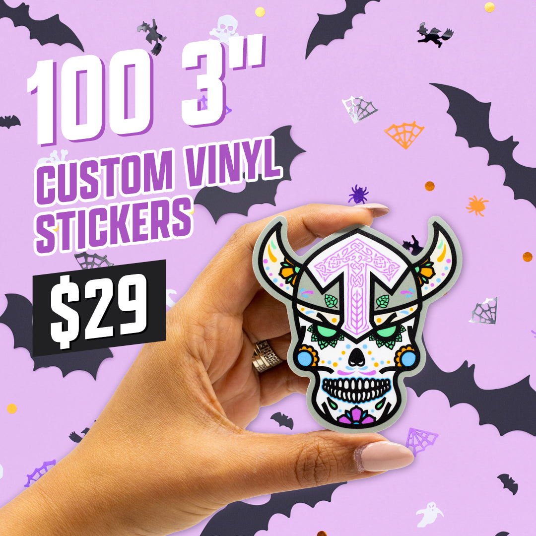 100 3" Custom Vinyl Sticker Deal $29 illustrated day of the dead viking skull  bats webs purple gray mauve 