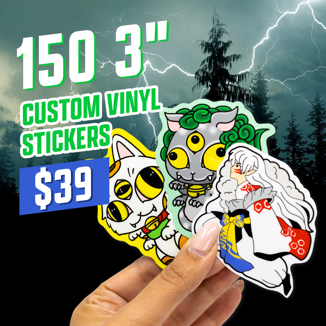 150 3" Custom Vinyl Stickers for $39 Promo Sticker Deal Japan animation illustrated graphics pine trees with stormy night background blue greeen red yellow black forest characters 