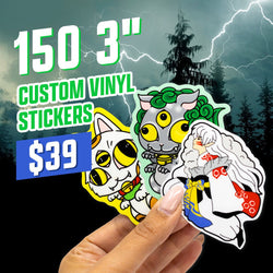 Text reads 150 3 inch custom vinyl stickers, 39 dollars. A hand holds three die cut anime-style stickers: a white lucky cat, a gray three-eyed creature with green curls, and a white-haired warrior in red and blue garments. Stormy forest and lightning background. Custom waterproof decals. Japan animation illustrated graphics pine trees with stormy night background blue green red yellow black forest characters.