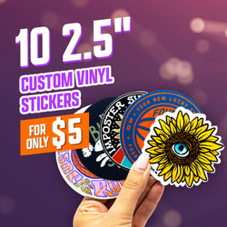 Promotional graphic featuring a hand holding a fan of colorful 2.5-inch vinyl stickers including a sunflower with a blue eye, a basketball-themed round design, a bunny illustration, and psychedelic lettering. Purple bokeh background. Promotional text reads 10 2.5 inch custom vinyl stickers for only $5.