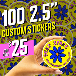 Image showing text 100 2.5 inch custom stickers and 25 dollars. A hand holds a round yellow sticker reading Deep Space Contemporary Art Gallery with a large blue daisy illustration. Background repeats the same floral design. Bright pop-art aesthetic waterproof vinyl decal.