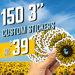 A promotional image featuring a hand holding a custom vinyl sticker with a sunflower design, advertising a sale for 150 custom stickers with your design for $39.