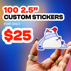 romotional graphic showing the text 100 2.5 inch custom stickers for only 25 dollars in large bold red, white, and black lettering on a gradient blue and purple background. A hand with silver and gold rings holds a die cut sticker featuring a simple cartoon-style snowman with a red hat, orange carrot nose, blue outline, blue shoes, and a light purple scarf. The design style is clean, minimal, and playful with high contrast colors. The layout highlights the large price text on the left and the sticker art on