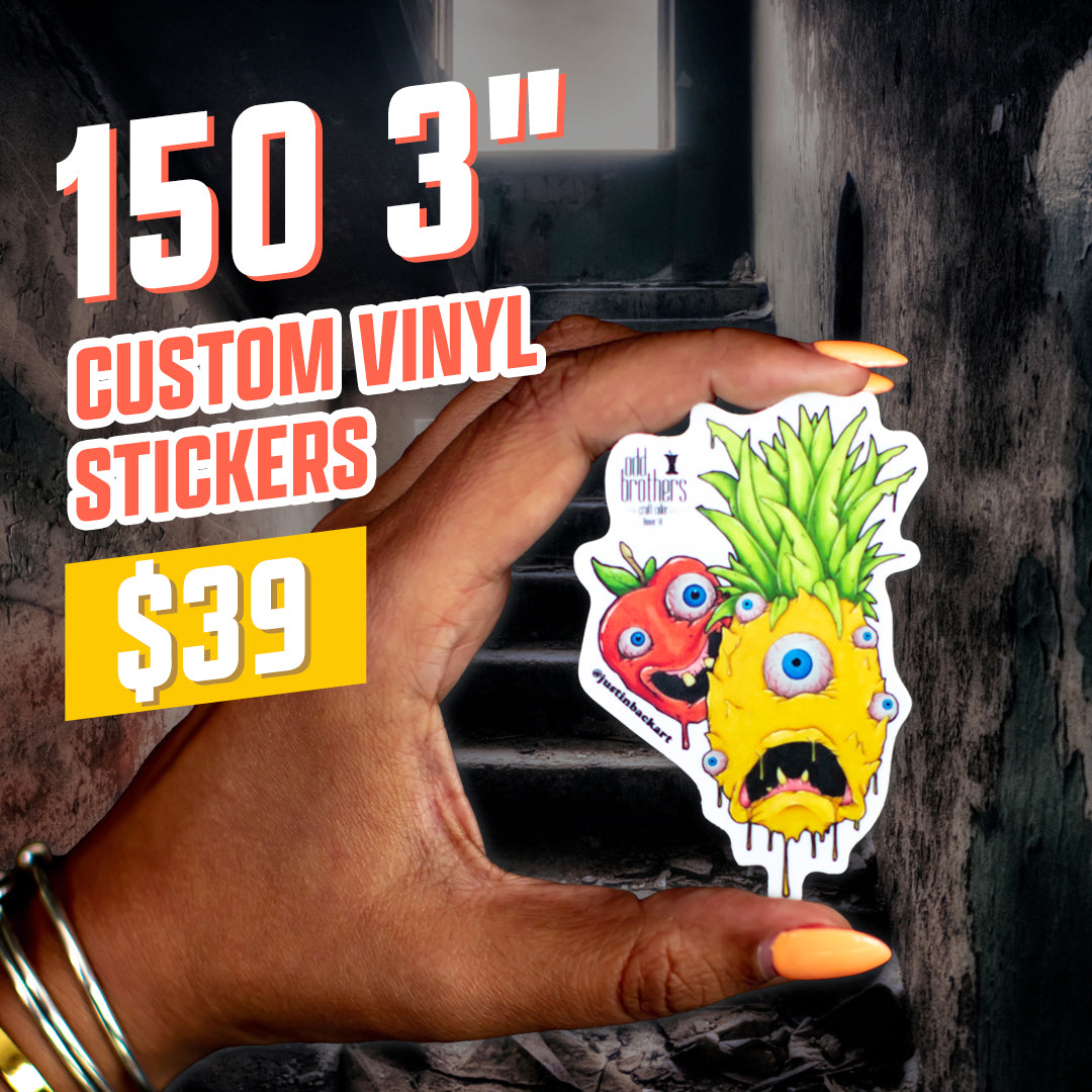 150 3" custom vinyl stickers for $39 illustrated sticker with creepy vibe appple pinneapply eye balls halloweeen hand with orange fingernails in dark stairway