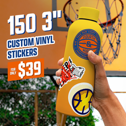 Hand holding a yellow water bottle decorated with several sports-themed stickers: a blue Fourth & King basketball emblem, a red shattered-text power graphic, and a round blue-and-yellow lightning basketball icon. Background shows a basketball hoop for an athletic street-style vibe. On-image text reads 150 3 inch custom vinyl stickers and 39. Keywords: basketball sticker set, sports decal art, energetic vinyl sticker designs.