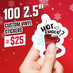 Hand holding a die cut custom vinyl sticker featuring a cute red mug of hot chocolate with steam, marshmallows, and the text HOT CHOCO? beside a blue snowflake graphic. Set against a festive red background with snowflakes, promoting 100 waterproof 2.5-inch custom stickers for $25.