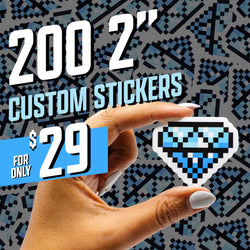 Image shows ‘200 2-inch custom stickers for only $29.’ A hand holds a small pixel-art style sticker shaped like a blue diamond with a black outline and white highlight squares. The background is filled with a repeating pattern of the same blue pixelated diamond design. Text appears in bold white and light blue lettering