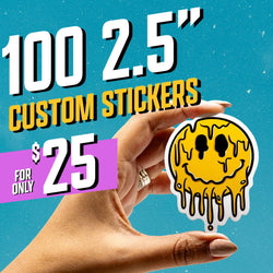 Hand holding a yellow dripping melting smiley face sticker with black eyes and mouth. Bright teal speckled background. On-image text 100 2.5 inch custom stickers and 25. Keywords: trippy smiley sticker, rave aesthetic, melting face vinyl decal.