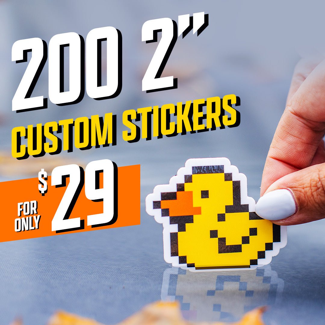 200 2" Custom Stickers $29 Photo of hand holding yellow and orange 8 bit digital rubber ducky sticker