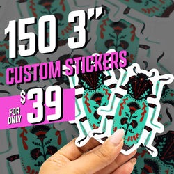 Hand holding two die-cut vinyl stickers featuring a stylized beetle design with teal body, red floral patterns, and black accents in a folk-art illustration style. Background shows multiple overlapping copies of the same sticker. On-image text reads 150 3 inch custom stickers for $39. High-intent search terms include insect stickers, beetle vinyl decals, folk-art stickers, and aesthetic bug stickers.