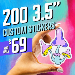 Hand holding a die-cut vinyl sticker depicting a group of whimsical mushrooms in pastel purple and yellow tones against a vibrant pink and blue painted background. On-image text reads 200 3.5 inch custom stickers for $69. Ideal for cottagecore stickers, mushroom decals, trippy aesthetic stickers, and psychedelic vinyl art.