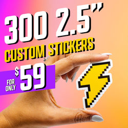 Image showing text 300 2.5 inch custom stickers and 59 dollars. A hand holds a die cut vinyl sticker of a yellow lightning bolt rendered in pixelated 8-bit video game style against a warm orange-pink gradient background. Waterproof retro gaming decal.