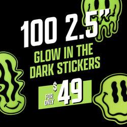 Promotional graphic on a black background advertising glow in the dark stickers. Large text reads 100 2.5-inch glow in the dark stickers and For only $49. Bright green dripping smiley face stickers glow around the text, creating a neon effect against the dark background.