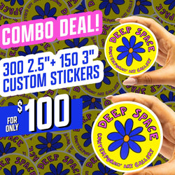Two hands holding circular yellow stickers featuring a blue flower with pink text reading Deep Space Contemporary Art Gallery. Background filled with repeated versions of the same design. Artwork has a retro gallery-badge aesthetic with simple shapes and bold color blocking. On-image text reads combo deal 300 2.5 plus 150 3 inch custom stickers for 100. Keywords: gallery sticker, retro flower decal, art-themed vinyl sticker.