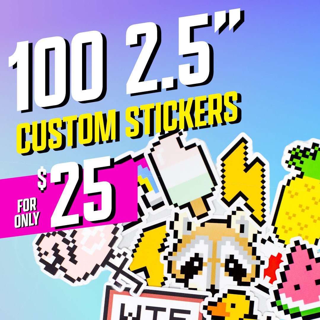 100 2.5" Custom Vinyl Stickers for $25 8 Bit Graphics popsicle lightning bolt pineapple raccoon flamingo wtf ducky watermelon pink purple gradient yellow green 