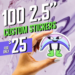 Hand holding a die-cut sticker of a whimsical rainbow-shaped creature with sharp teeth, large black eyes, and bright green boots. Marble purple and white background. Text on image reads 100 2.5 inch custom stickers for $25. Keywords include cute monster stickers, cartoon creature decals, colorful vinyl stickers.