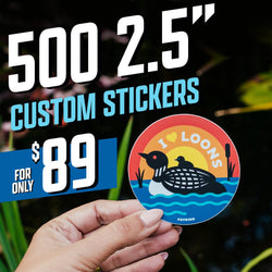 Promotional graphic for 500 two-and-a-half-inch custom stickers priced at 89 dollars. A hand holds a circular sticker showing a loon and baby loon on water with a rainbow gradient background. Text on the sticker reads I love loons. Text on the image reads 500 2.5-inch custom stickers for 89 dollars.