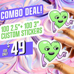 Two hands holding matching die-cut stickers of a green cartoon heart character with purple arms, sly facial expression, and small fangs. Swirled pastel pink, purple, and blue background. On-image text reads Combo Deal, 100 2.5 + 100 3 custom stickers for $49. Keywords include heart character stickers, matching sticker sets, cartoon vinyl decals.