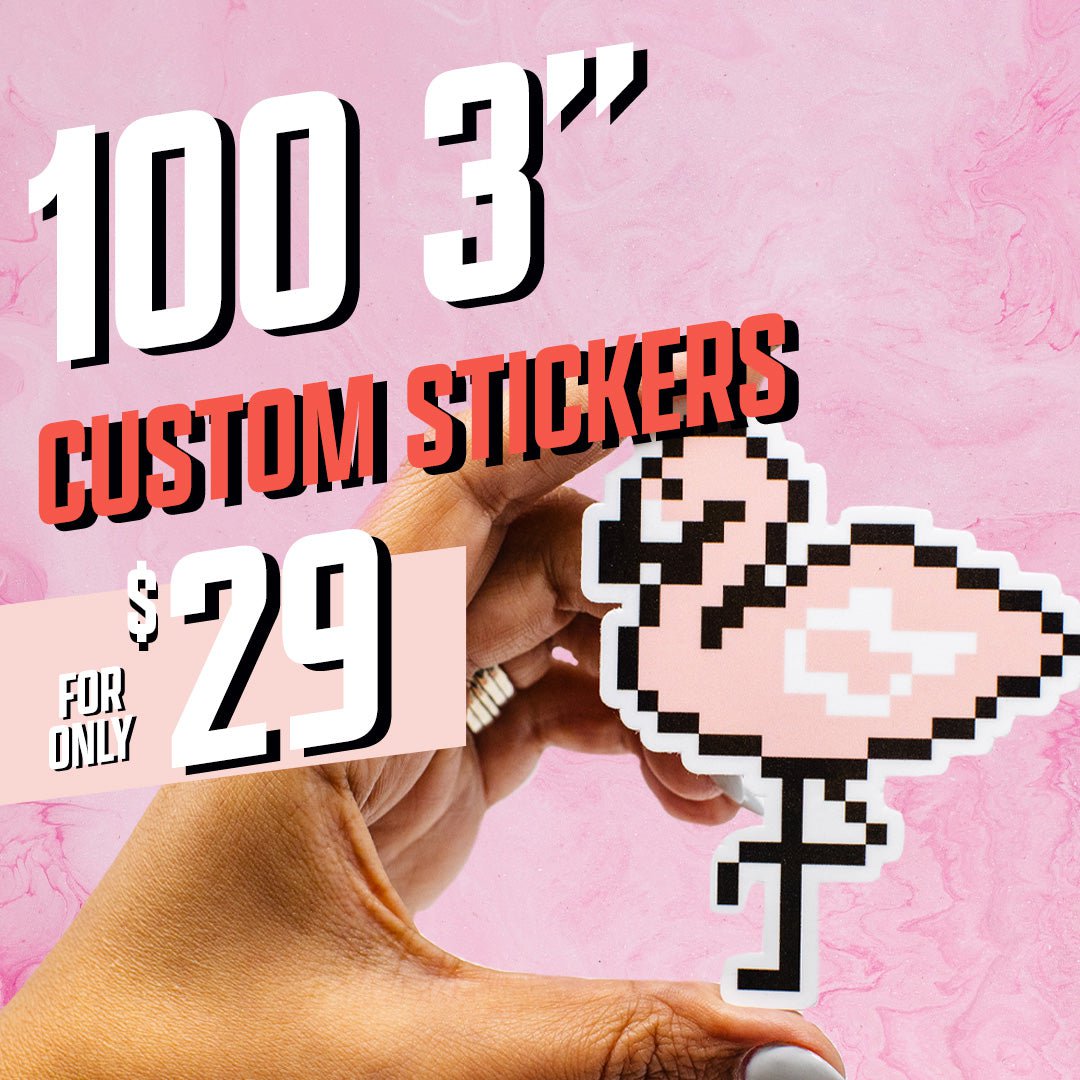 100 3" Custom Stickers Pelican 8 Bit Vinyl Decal Pink White Black 