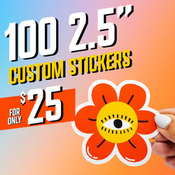Hand holding a die cut sticker shaped like an orange flower with a yellow center featuring a stylized single eye graphic. Gradient blue to coral background with on-image text 100 2.5 inch custom stickers for $25. Keywords: psychedelic flower sticker, eye illustration decal, aesthetic vinyl sticker.