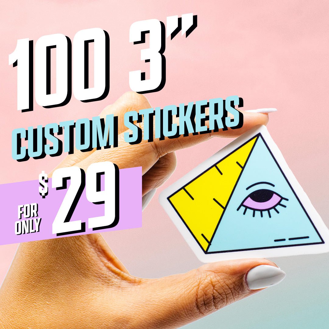 100 3" Custom Sticker Promo $29 Pyramid Hand Pink Yellow Blue