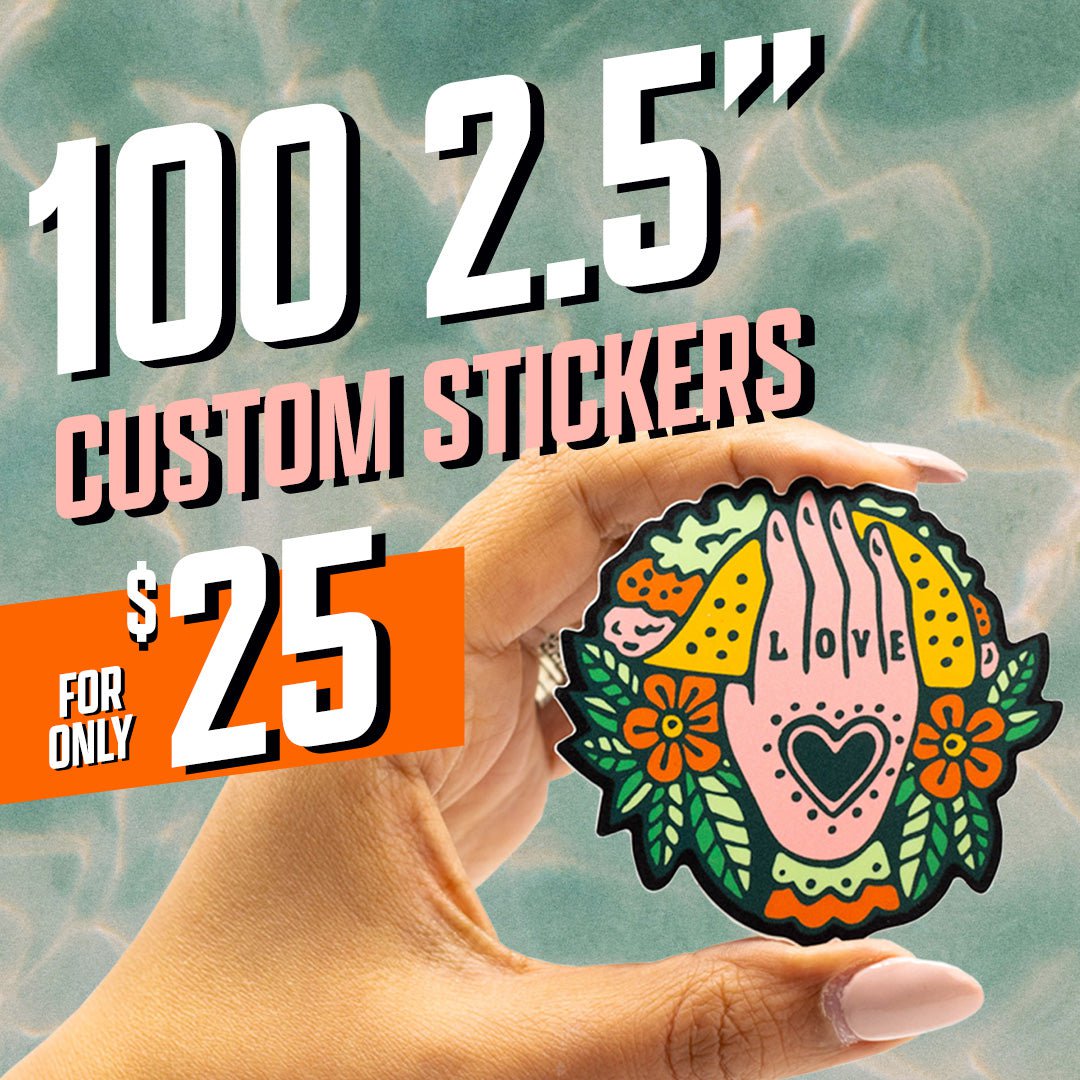 100 2.5" Custom Stickers for $25 Vinyl Decals Love Hand Water Art Orange Aqua