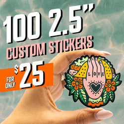 Hand holding a circular die-cut sticker featuring a stylized pink hand with the word LOVE above a heart, surrounded by orange flowers and green leaves. Water pattern background. On-image text reads 100 2.5 inch custom stickers for$ 25. Folk-art aesthetic vinyl sticker ideal for boho sticker and floral sticker searches.