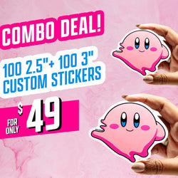 Image containing text Combo Deal, 100 2.5 inch plus 100 3 inch custom stickers, and 49 dollars. Two hands hold pink ghost character stickers with blue eyes and blush cheeks, drawn in a soft pastel kawaii cartoon style against a swirled pink background. Waterproof die cut cute character decals.