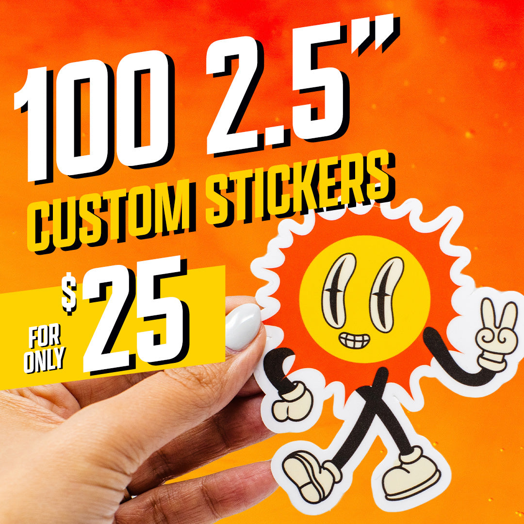 100 2.5" Custom Vinyl Stickers for $25 Smiley Face Sun character Yellow orange Face Sticky Brand