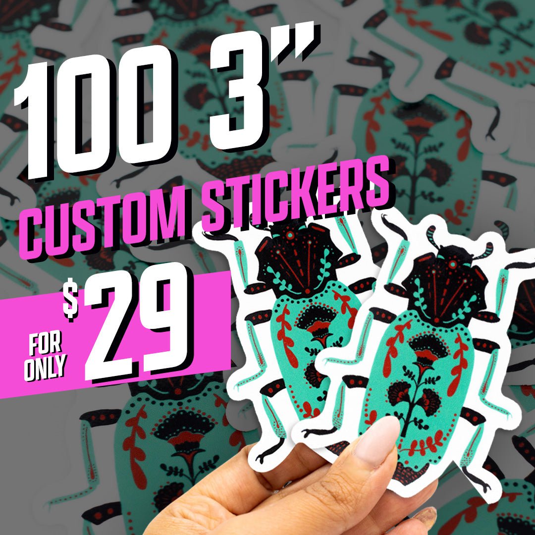 100 3" Vinyl Stickers $29 Hand Beetles  Aqua Pink