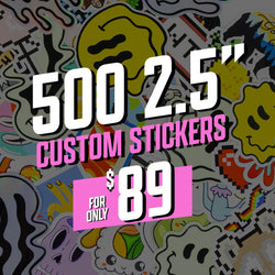 Large collage of colorful vinyl stickers including melting smiley faces, skulls, pixel art characters, rainbows, animals, and abstract shapes. Pink promotional block with price text reading 500 2.5 inch custom stickers for $89. Keywords: sticker pack, aesthetic sticker bundle, mixed vinyl sticker designs.