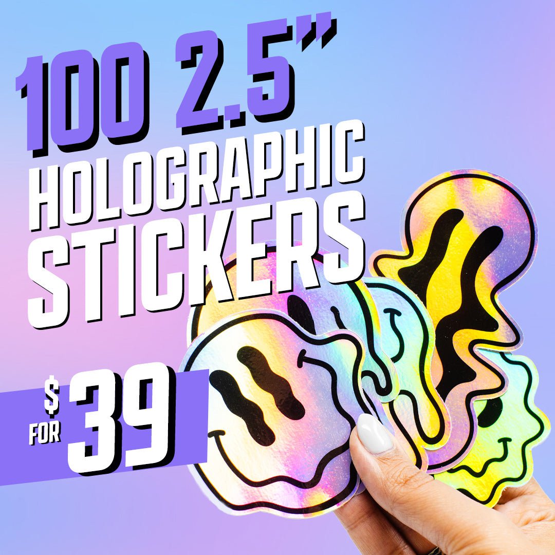 100 2.5" Holographic Stickers for $39 Iridescent Vinyl Smiley Face hand purple blue