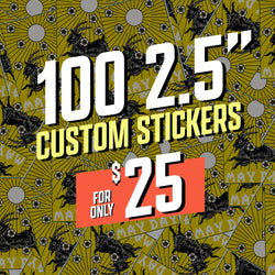 Repeating pattern of yellow die-cut stickers depicting black illustrated goats surrounded by radiating sunbursts, small flowers, and the text May Day in stylized block lettering. On-image text reads 100 2.5 inch custom stickers for $25. SEO-rich keywords include gothic stickers, folk art decals, goat illustration stickers, and punk aesthetic stickers.
