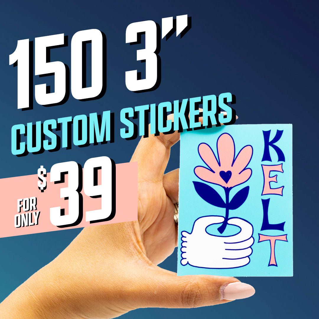 150 3" Custom Stickers for $39 Kelt flower blue pink gradient hand illustration