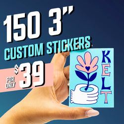 Hand holding a rectangular sticker featuring a stylized pink flower with a heart-shaped center and a white hand holding the stem. Large blue letters spell KELT along the right side. Dark blue gradient background with promotional text 150 3 inch custom stickers for $39. Ideal for floral stickers, illustration art decals, aesthetic sticker designs.