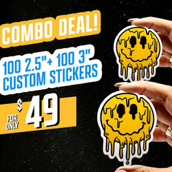 Text on image reads COMBO DEAL, 100 2.5 inch + 100 3 inch custom stickers, for only 49 dollars. Both hands hold yellow melting smiley-face stickers with dripping graffiti-style lines on a black starry backdrop. Custom vinyl sticker, bold street-art aesthetic, waterproof die cut decal.