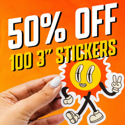 Promotional graphic with a hand holding a smiling sun character sticker making a peace sign. Background is orange with subtle texture. Text reads 50% off 100 3-inch stickers.