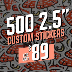 Text on image reads 500 2.5 inch custom stickers, for only 89 dollars. Background features a pile of orange red and white cartoon mushroom stickers with bold outlines and dotted cap patterns. Custom vinyl sticker, cute nature-themed aesthetic.