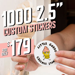 Image showing text 1000 2.5 inch custom stickers and 179 dollars. A hand holds a round custom vinyl die cut sticker featuring the words Little Gordo Creemee Stand with a smiling cartoon ice cream cone character in a playful kawaii aesthetic. A soft-serve cone is held in the background. Waterproof die cut sticker, cute small business branding decal.