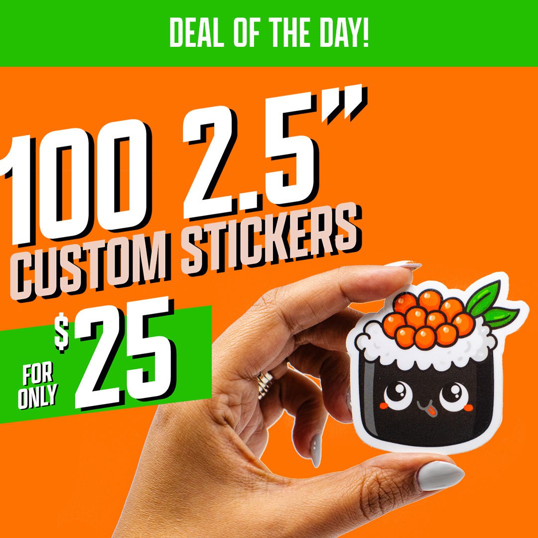 100 2.5" Custom Stickers for 25 Deal Vinyl Sushi Orange Green Smiley