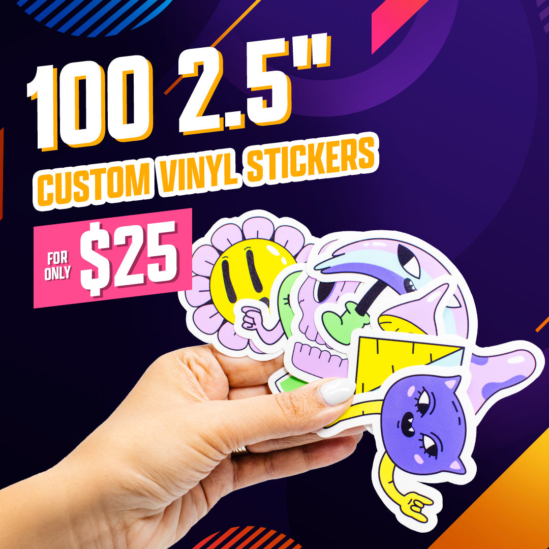 100 2.5" Custom Vinyl Stickers for $25 hand holding cartoon illustrated stickers  cat skull flower pyramid mishroom purple orange pink yellow retro 90s 