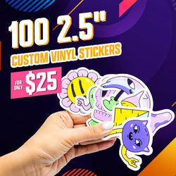 Hand holding three pastel cartoon stickers: a pink flower with yellow smiley center, a purple and green skull-face character, and a cube-shaped purple cat head with elongated limbs. Dark neon gradient background. On-image text 100 2.5 inch custom vinyl stickers and 25. Keywords: retro cartoon stickers, aesthetic vinyl decals, colorful die cut characters.