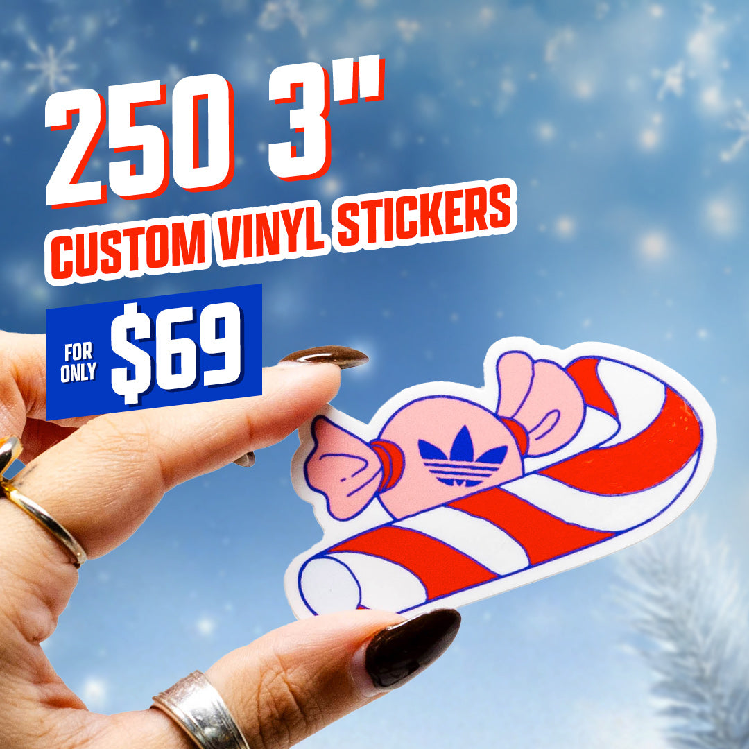 250 3" Custom Vinyl Stickers for $69 blue snow candy cane pink pine tree silver rings burgundy nails frosted branches