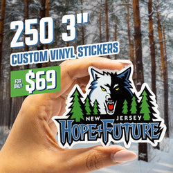Promotional image showing a hand holding a wolf-themed sticker with pine trees and text that reads New Jersey Hope + Future. Snow-covered trees fill the background. Text reads 250 3-inch Custom Vinyl Stickers for only $69.