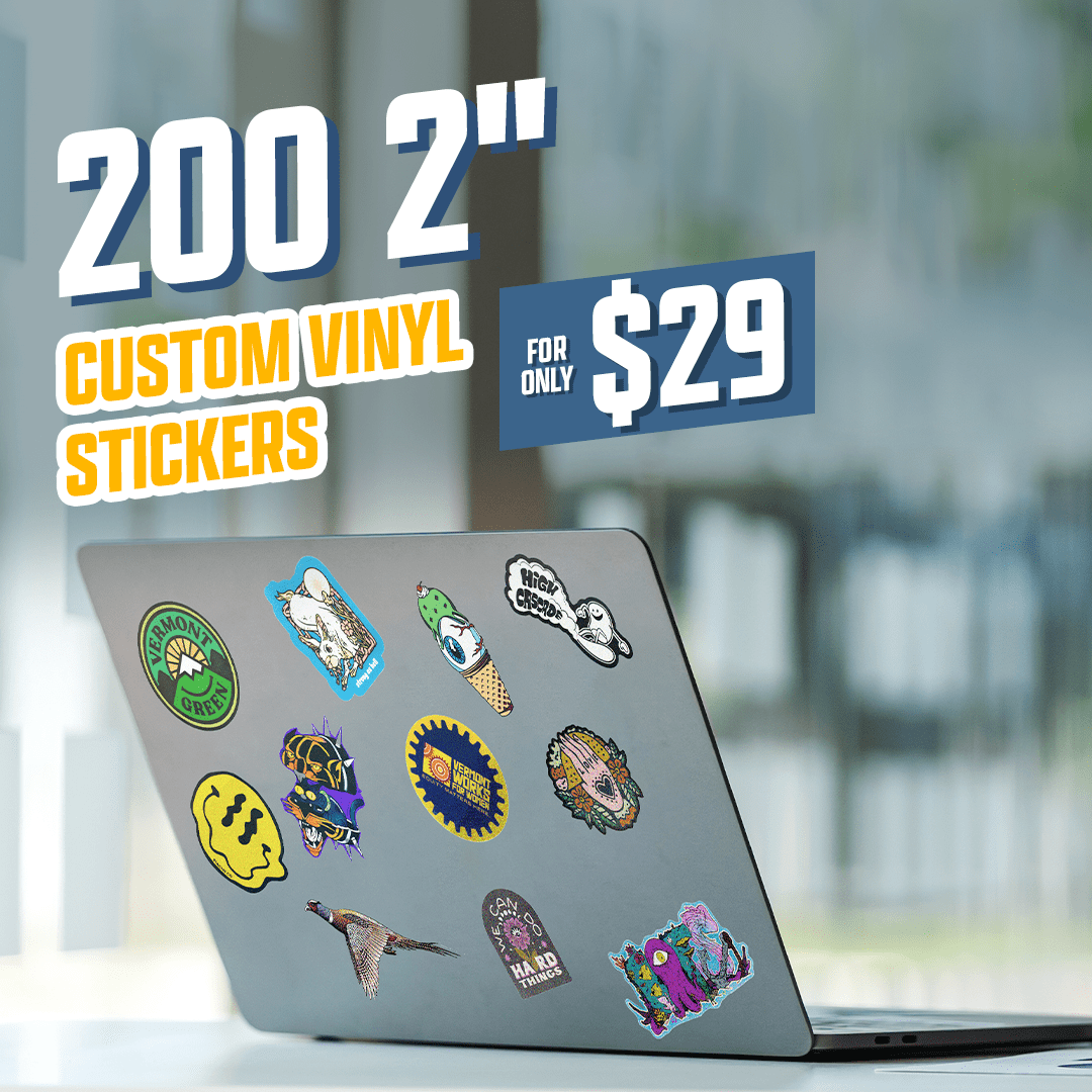 200 2" Custom Vinyl Stikers for $29 Laptop with stickers eyeball bird ice cream cone hand taco love monsters tigers vermont green high cascade snowboard camp self help wellness smiling face