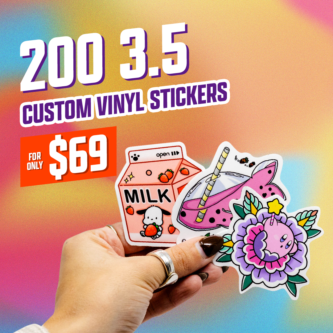 200 3.5" Custom Vinyl Stickers for $69 multicolor gradient background kawaii milk carton flower japaname art yellow blue pink purple red yellow green pastel hand with burgundy fingernails