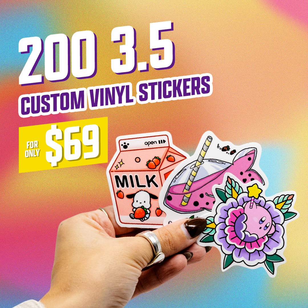 200 3.5" Custom Vinyl Stickers for $69 multicolor gradient background kawaii milk carton flower japaname art yellow blue pink purple red yellow green pastel hand with burgundy fingernails