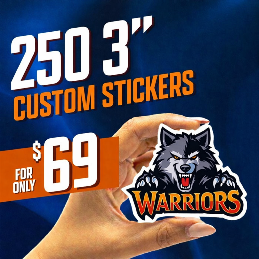 Hand holding a die-cut wolf mascot sticker with the word Warriors, shown with pricing text for 250 three-inch custom stickers on a blue background.