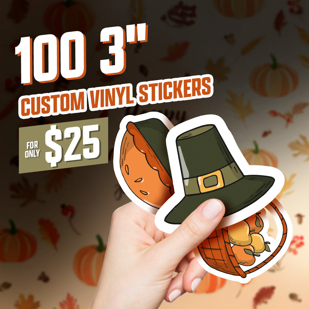 100 3" Custom Vinyl Stickers Black Friday Deal Pie Green Pilgrim Hat Wicker Basket of Apples background wallpaper of pumpkins and leaves